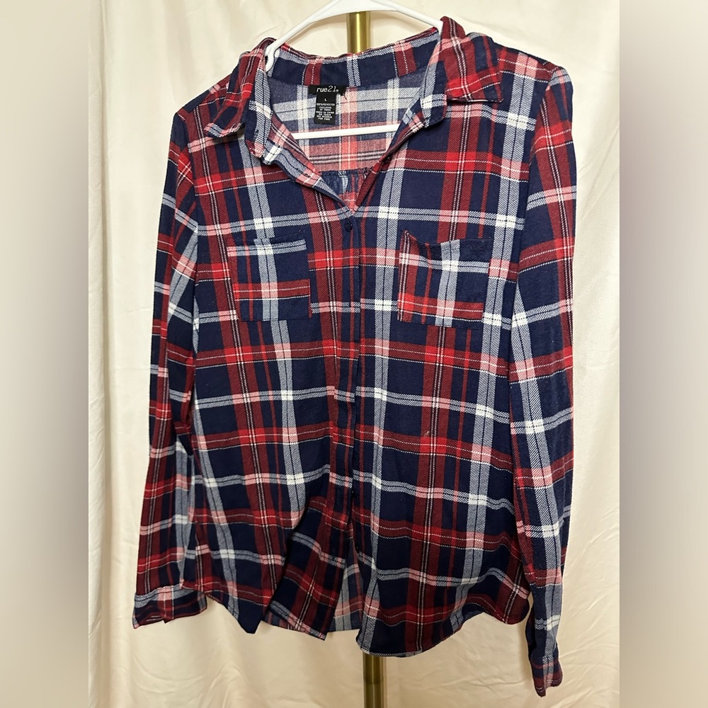 Rue21 Red and Blue Plaid Button Up Size L